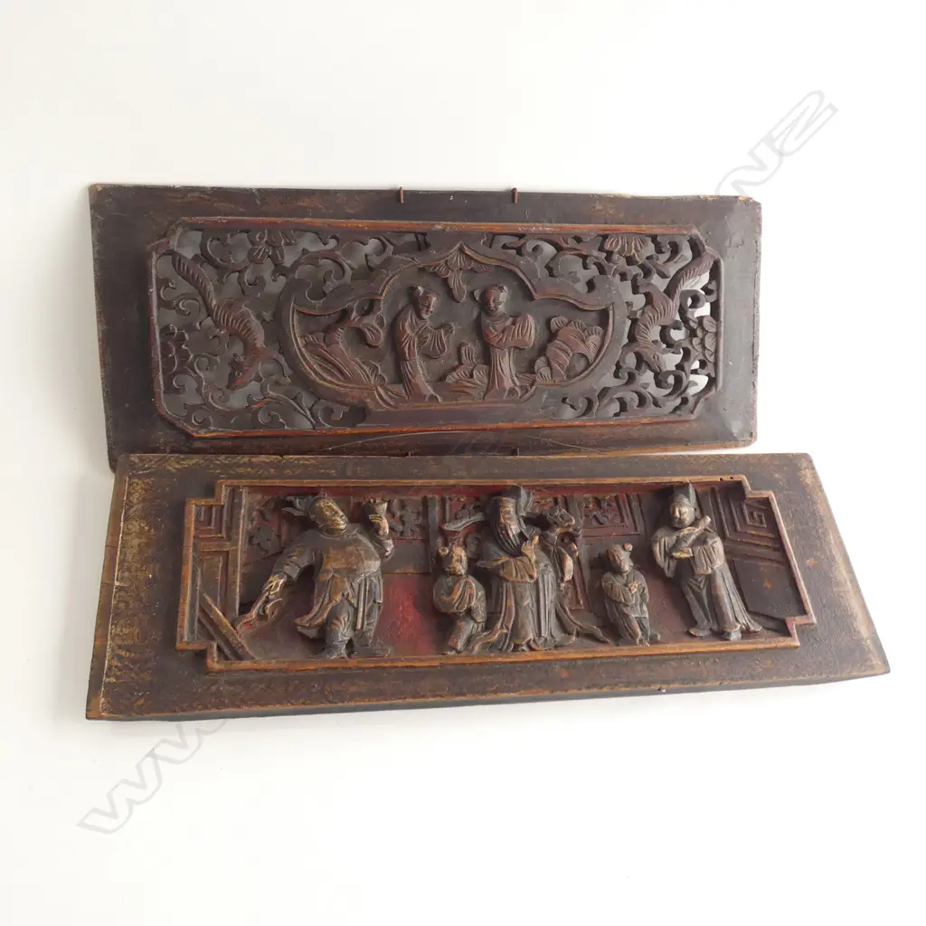 2 CARVED WOODEN ORIENTAL PANELS 130x380mm Image 1++