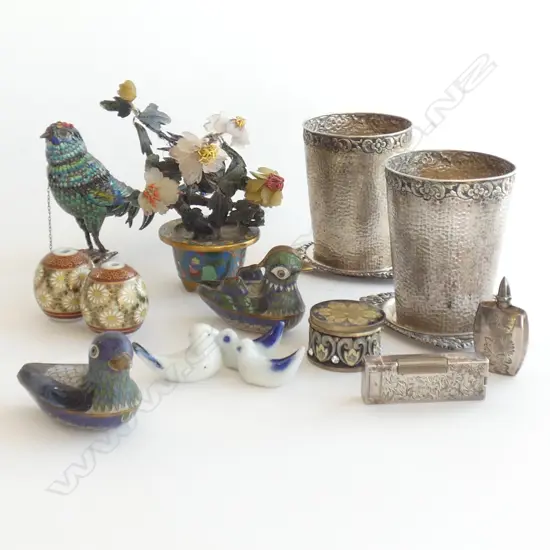 TRAY ASST. CLOISONNE + 2 STG SILVER LIGHTER & SNUFF BOTTLE