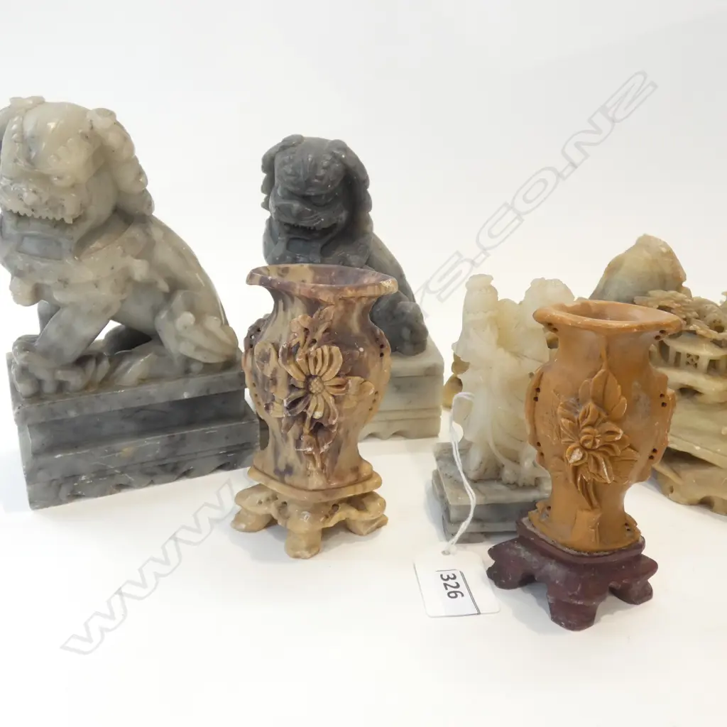 6 ORIENTAL SOAPSTONE ITEMS; FU DOGS ETC Image 1++