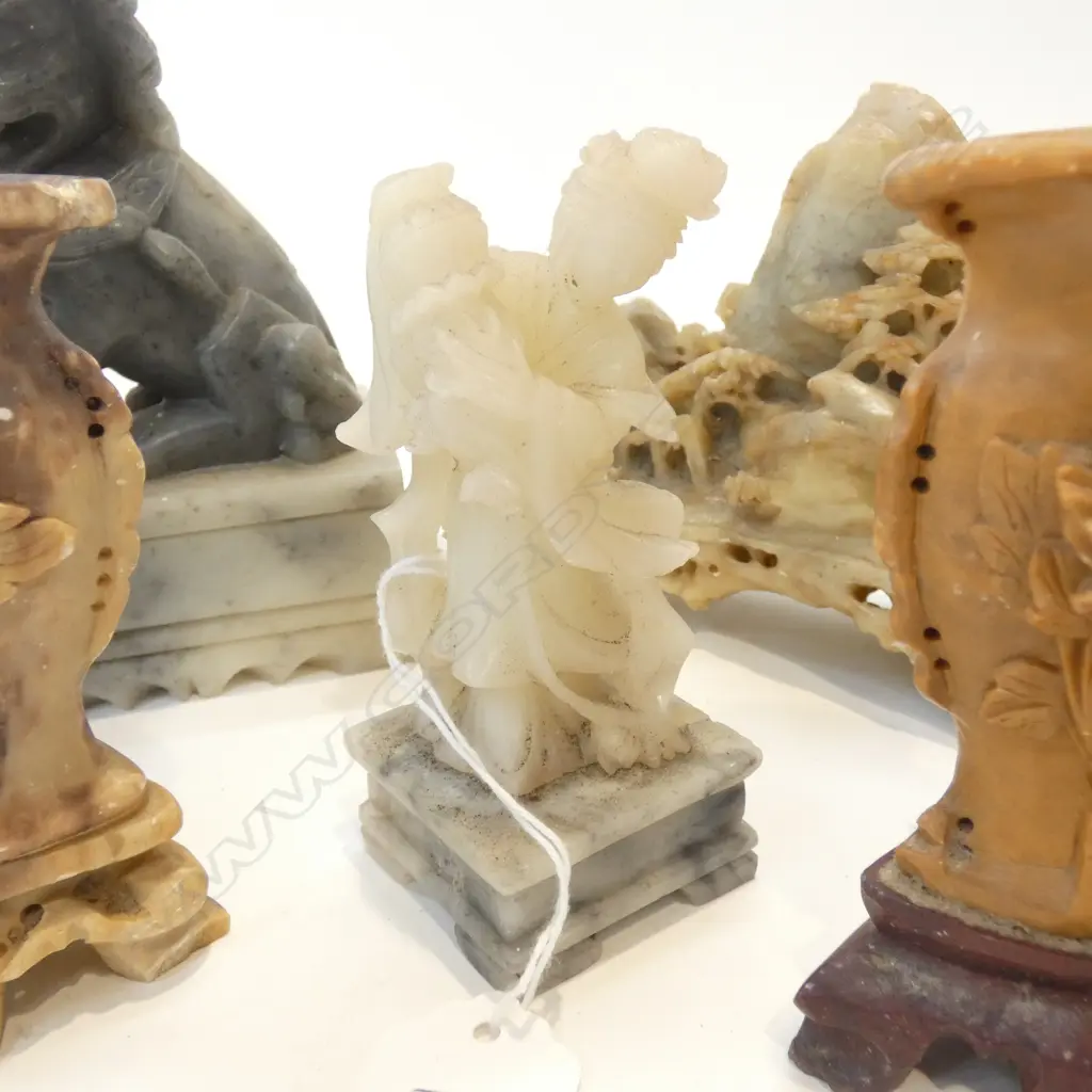 6 ORIENTAL SOAPSTONE ITEMS; FU DOGS ETC Image 1++