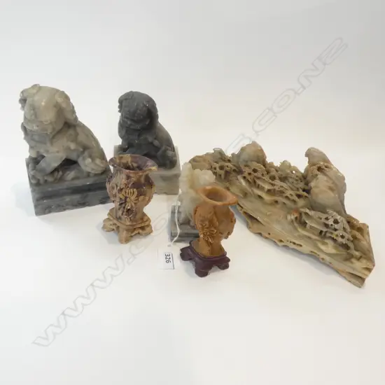 6 ORIENTAL SOAPSTONE ITEMS; FU DOGS ETC