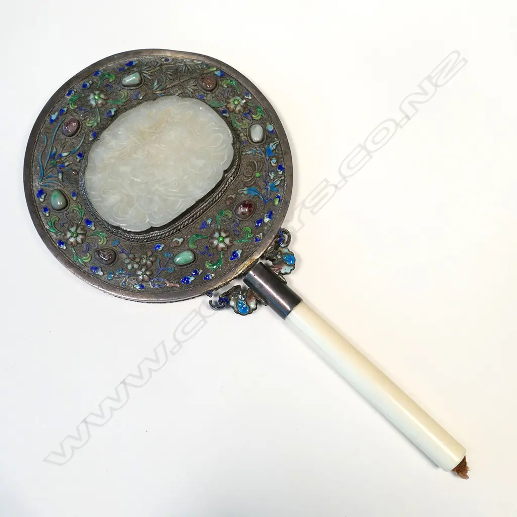 3 OLD ORIENTAL ITEMS; MAGNIFYING GLASS, MIRROR AF & INCENSE BURNER Image 1++