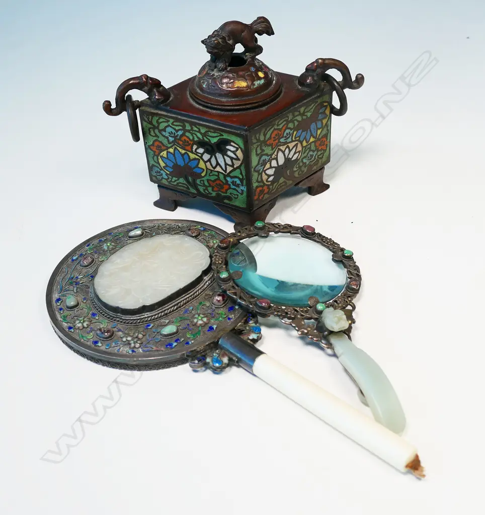 3 OLD ORIENTAL ITEMS; MAGNIFYING GLASS, MIRROR AF & INCENSE BURNER Image 1++