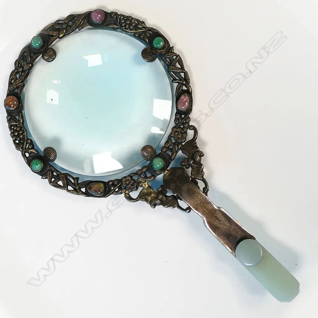3 OLD ORIENTAL ITEMS; MAGNIFYING GLASS, MIRROR AF & INCENSE BURNER Image 1++