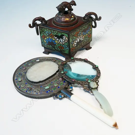 3 OLD ORIENTAL ITEMS; MAGNIFYING GLASS, MIRROR AF & INCENSE BURNER
