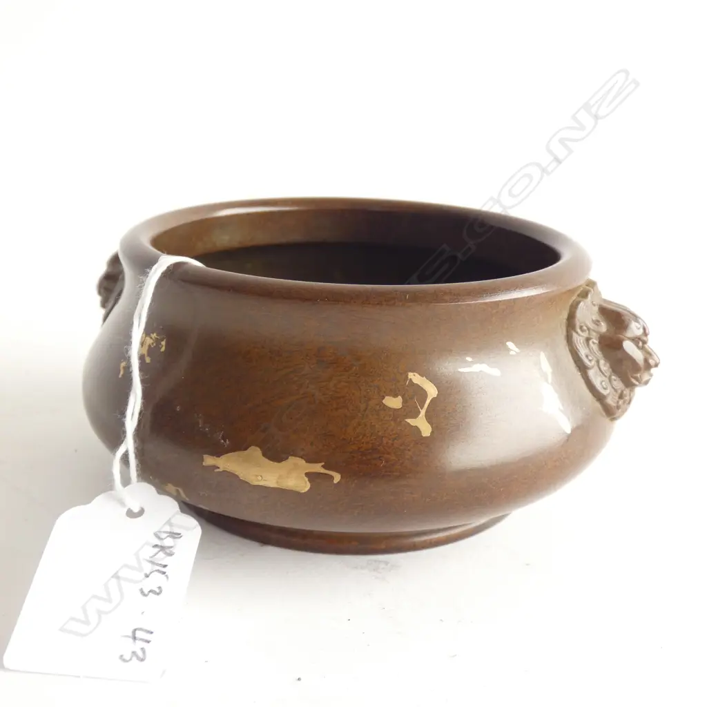 CHINESE BRONZE CENSER, LION MASK HANDLES, GOLD SPLASHED WALLS. Dia. 110mm Image 1++