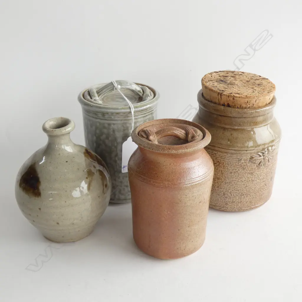 2 JULIE GIBBS STUDIO POTTERY 'MILK CANS' + A HONEY POT & SMALL BOTTLE H.105mm Image 1++