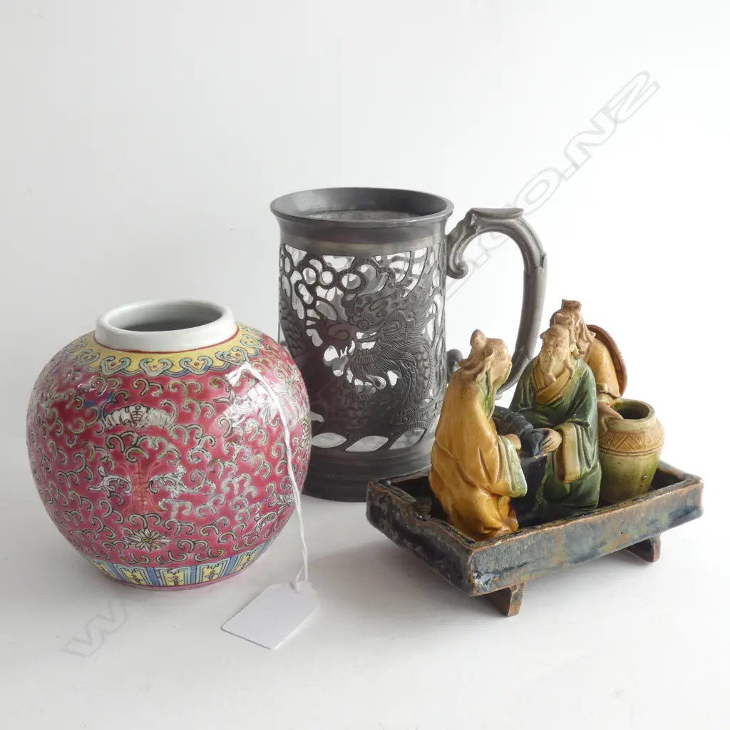 2 CHINESE 'MUD MEN' + PEWTER MUG, GINGER JAR & TRAY Image 1++