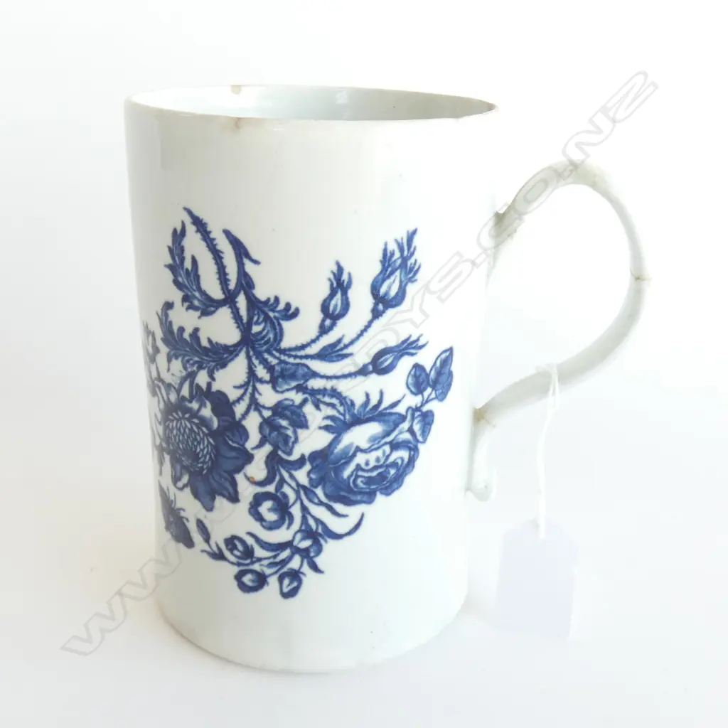 LG ANTIQUE BLUE & WHITE FLORAL CHINA MUG C1760-70 CRACKED HANDLE  H. 155MM Image 1++