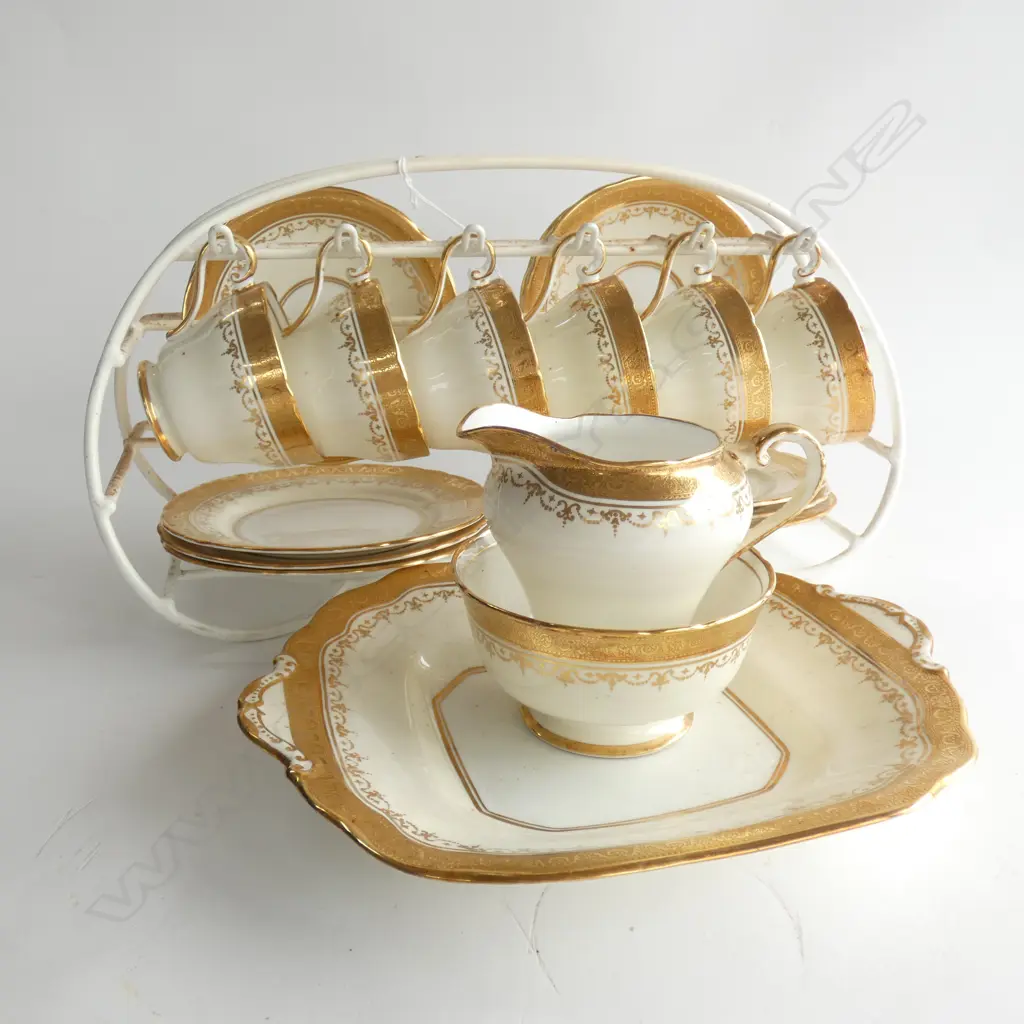 21 PCE AYNSLEY WHITE & GILT TEA SET ON RACK; 6 TRIOS / MILK / SUGAR / PLATE  Image 1++