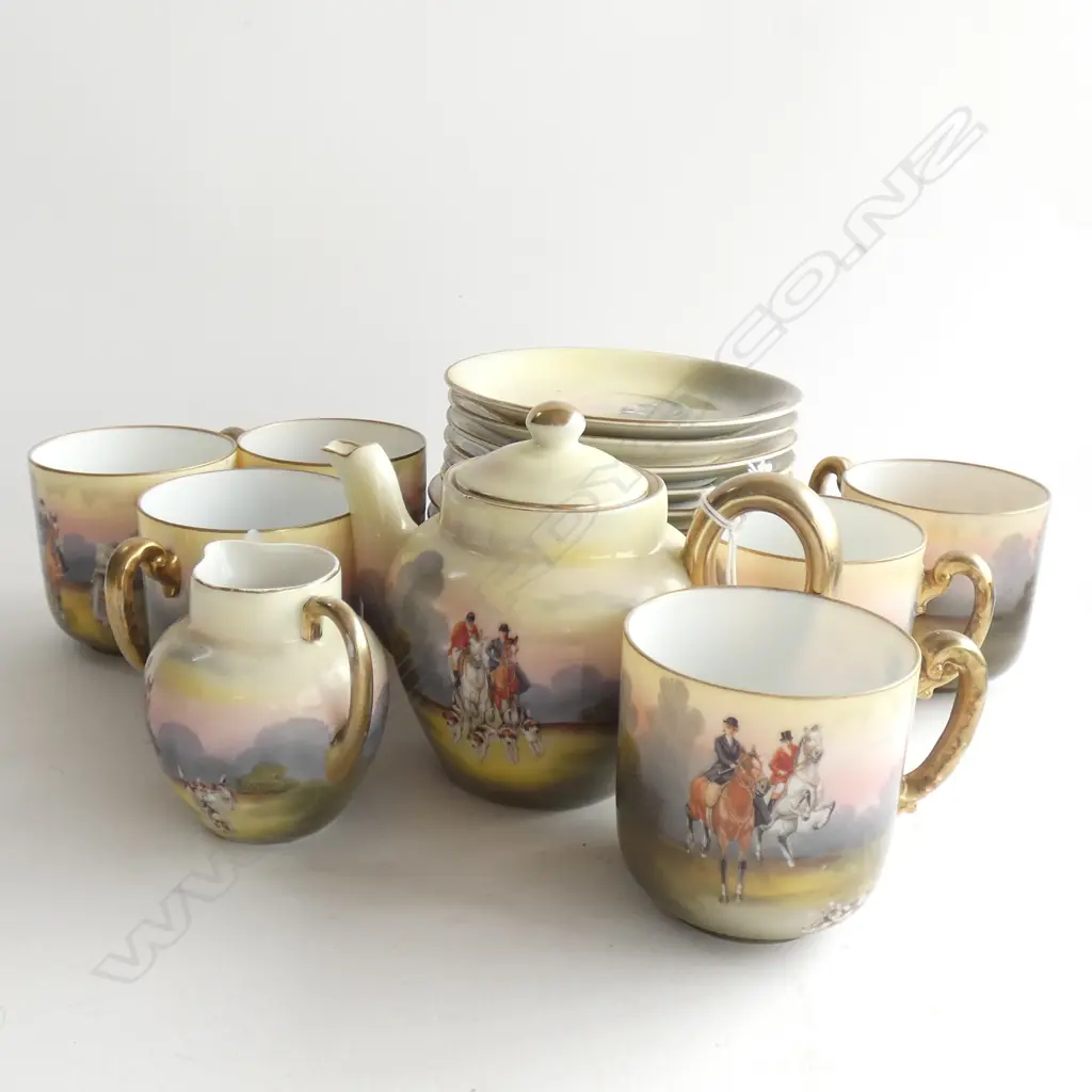 20 PCE ROYAL BAYREUTH 'HUNT' TEA SET; 6 TRIOS, TEAPOT, MILK Image 1++