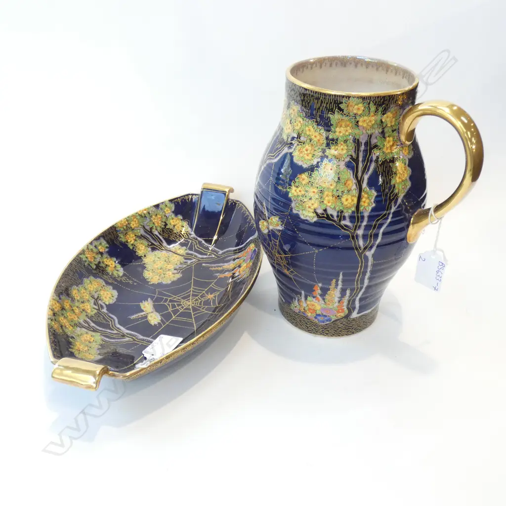 2 BLUE CROWN DEVON SPIDER WEB & DRAGONFLY PCS; OVAL DISH & LG JUG H. 235MM Image 1++