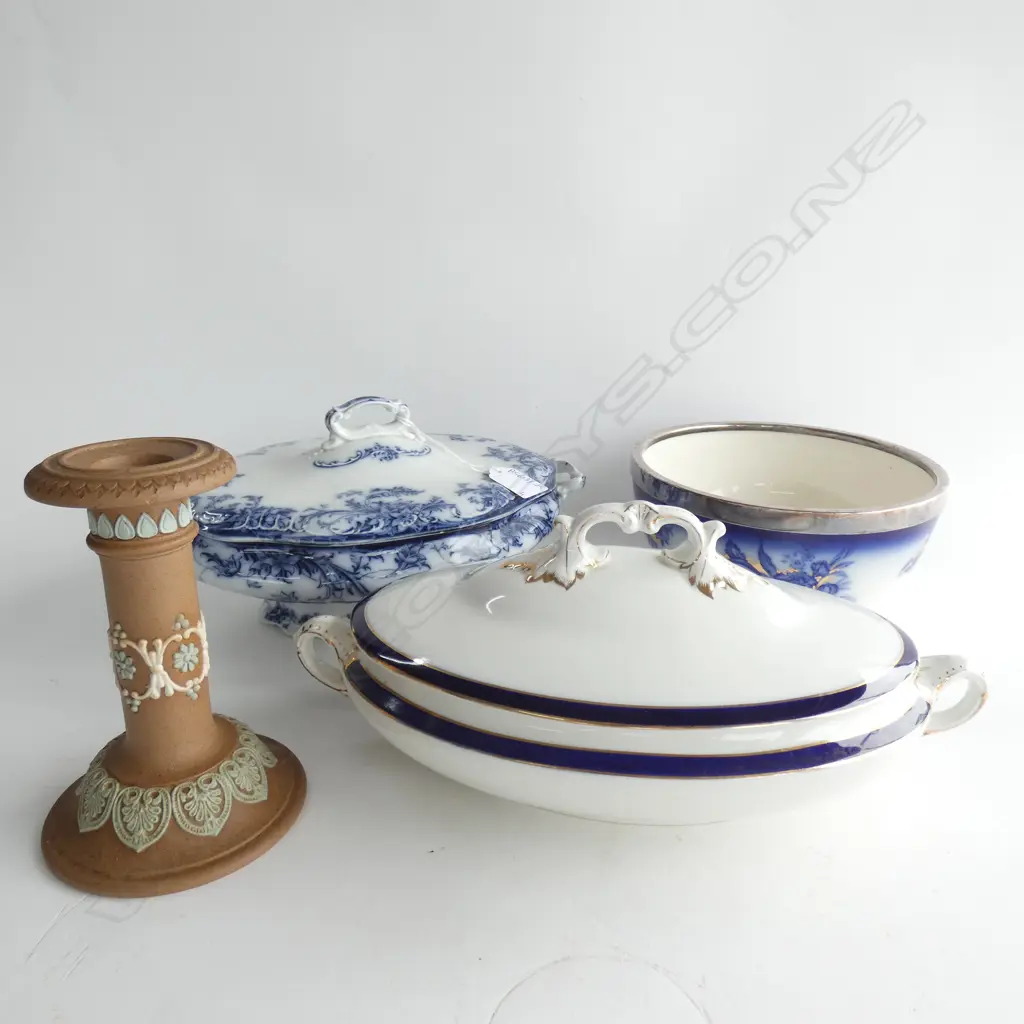 2 TUREENS + BURLEIGH B/W BOWL 200mm dia + DOULTON LAMBETH CANDLESTICK Image 1++