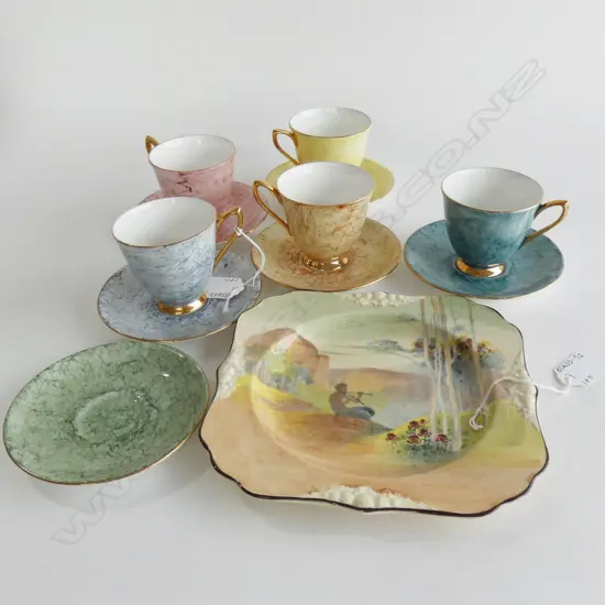 ROYAL ALBERT GOSSAMER DUOS 5 CUPS & 6 SAUCERS + ROYAL DOULTON PAN PLATE