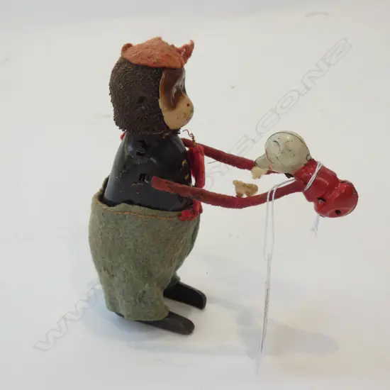 ANTIQUE SCHUCO TIN & FLOCK TOY MONKEY CLOCKWORK