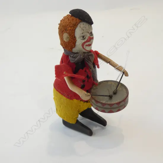 ANTIQUE SCHUCO TIN & FLOCK TOY CLOWN DRUMMER CLOCKWORK