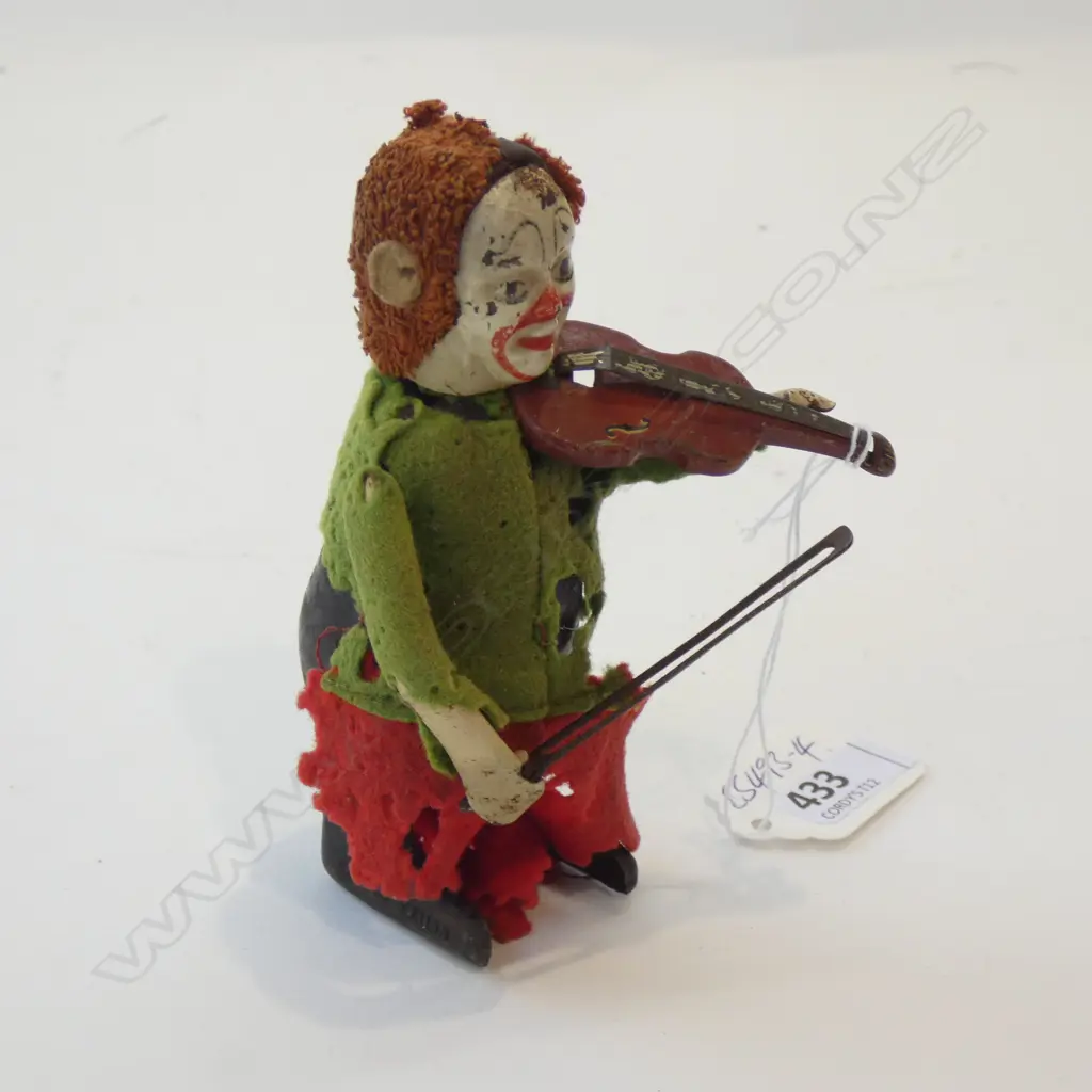 ANTIQUE SCHUCO TIN & FLOCK TOY CLOWN VIOLINIST CLOCKWORK Image 1++