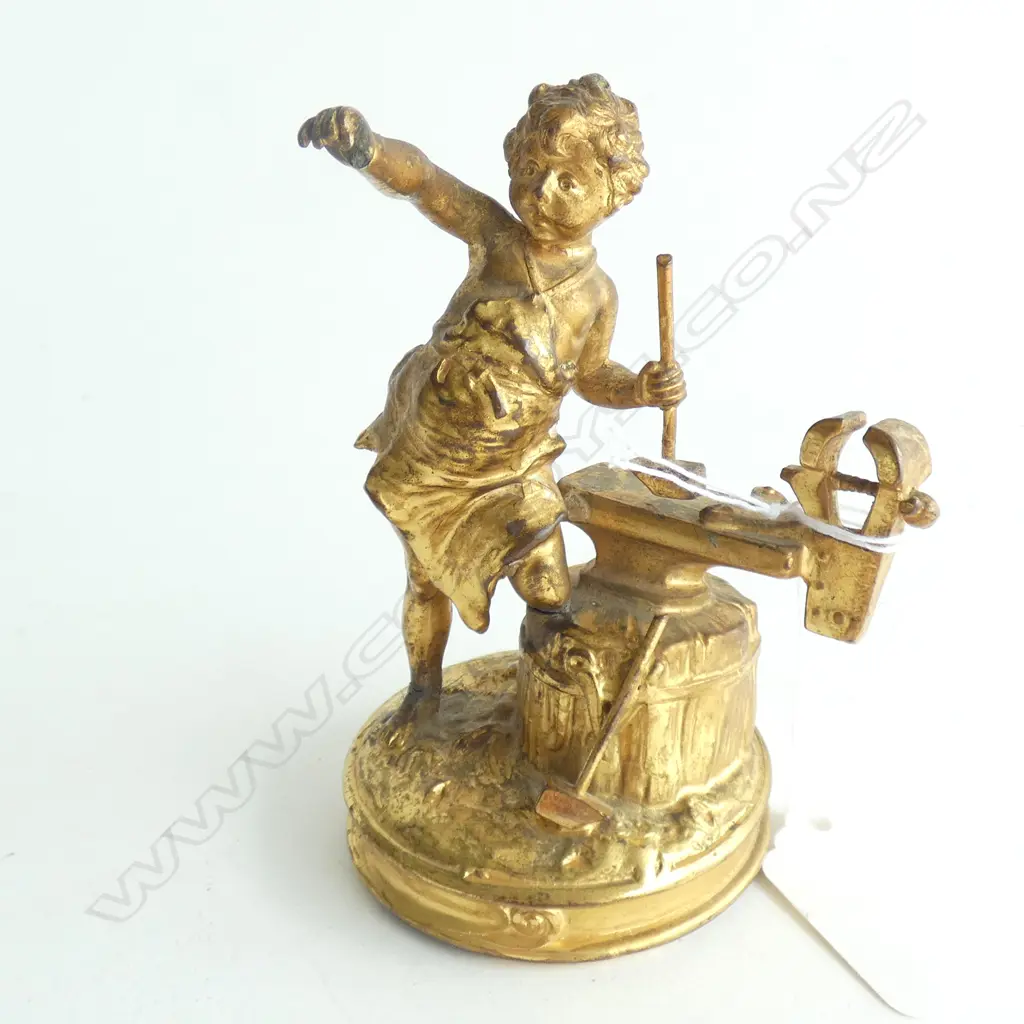 19thC GILT BRONZE CHERUB AT THE ANVIL SCULPTURE H.98mm Image 1++