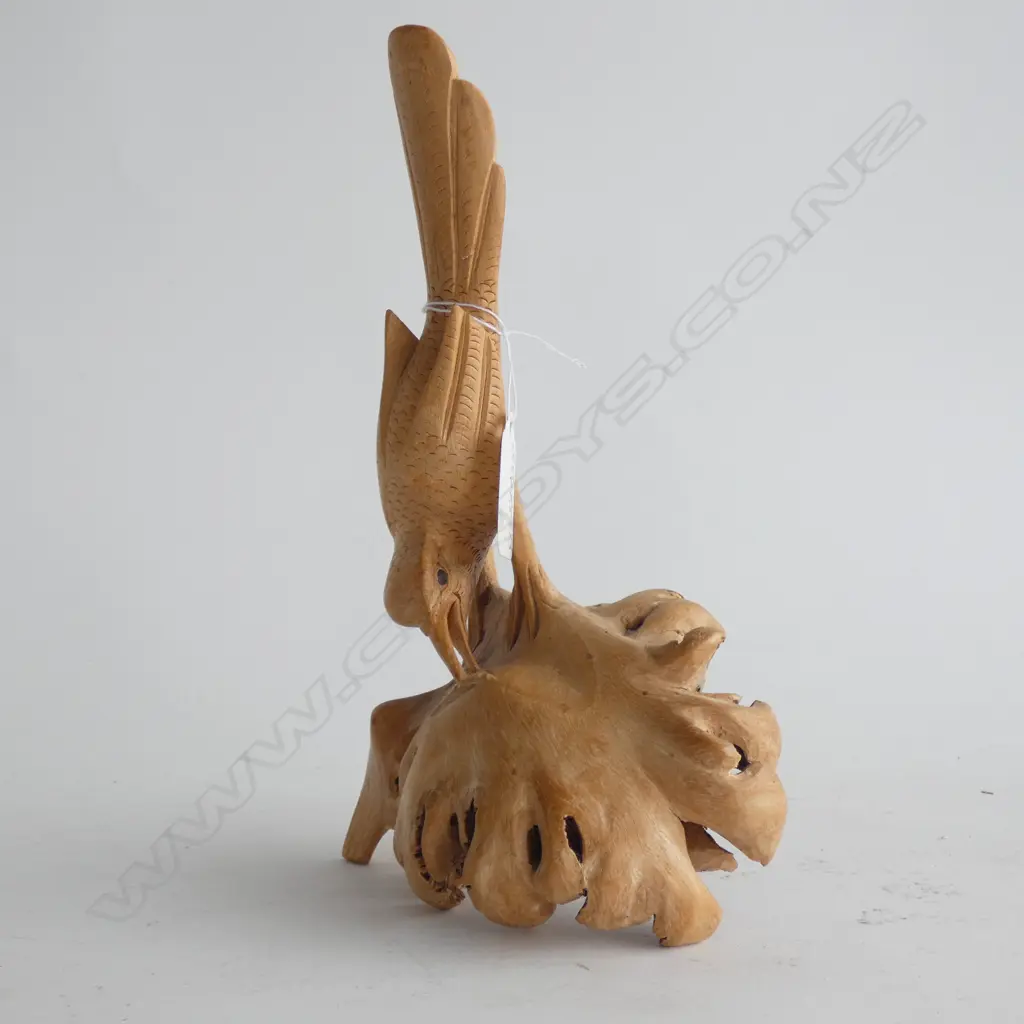 DACTYLANTHUS WOOD ROSE CARVING WITH BIRD H.220mm Image 1++
