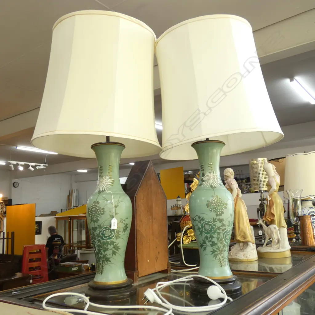 PR LARGE CELADON LAMPS w. WHITE SILK SHADES H.960mm Image 1++