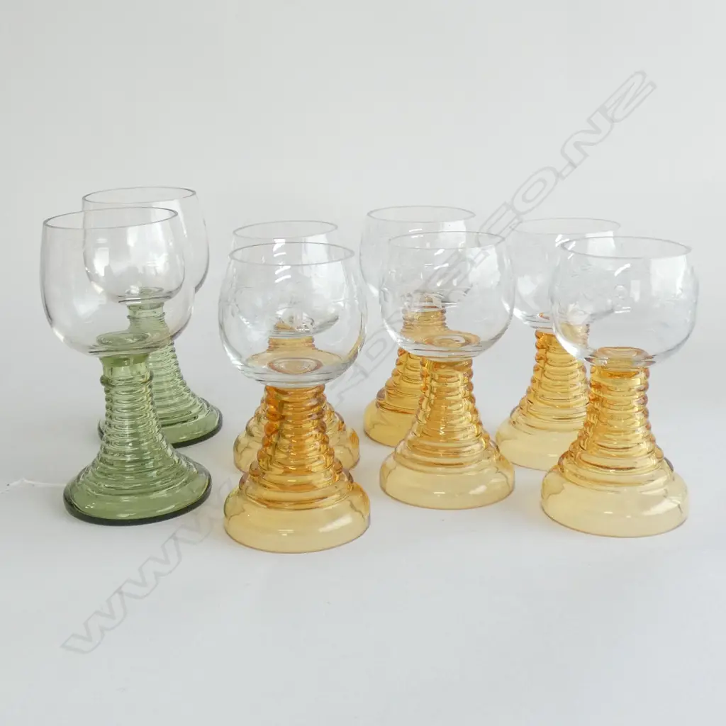 8 GERMAN 'ROEMER' WINE GLASSES - 6 ENGRAVED w AMBER STEMS + 2 GREEN STEMS  Image 1++