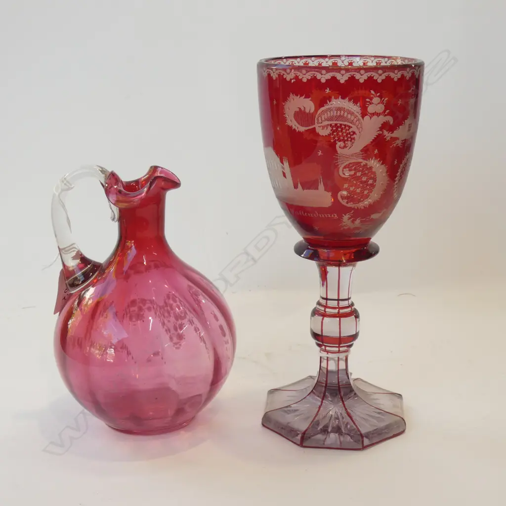 (17775) CRANBERRY GLASS - JUG w LILY OF THE VALLEY (H180MM) & LG CZECH GOBLET (H 230MM) Image 1++