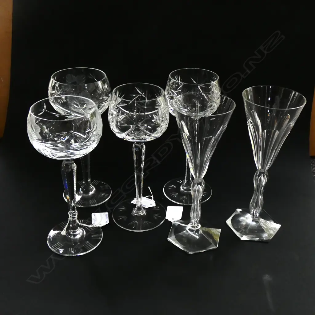 6 ASST BOHEMIAN CRYSTAL CUT & ENGRAVED WINE GLASSES H. 200MM Image 1++