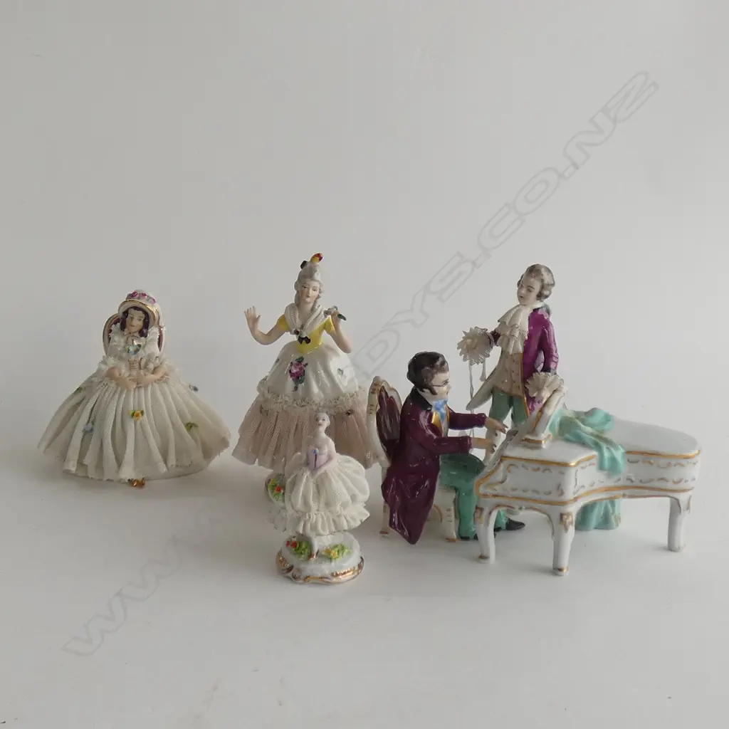 5 DRESDEN FIGURINES; MAN, WOMAN, SEATED LADY, MINIATURE & PIANO PLAYER Image 1++