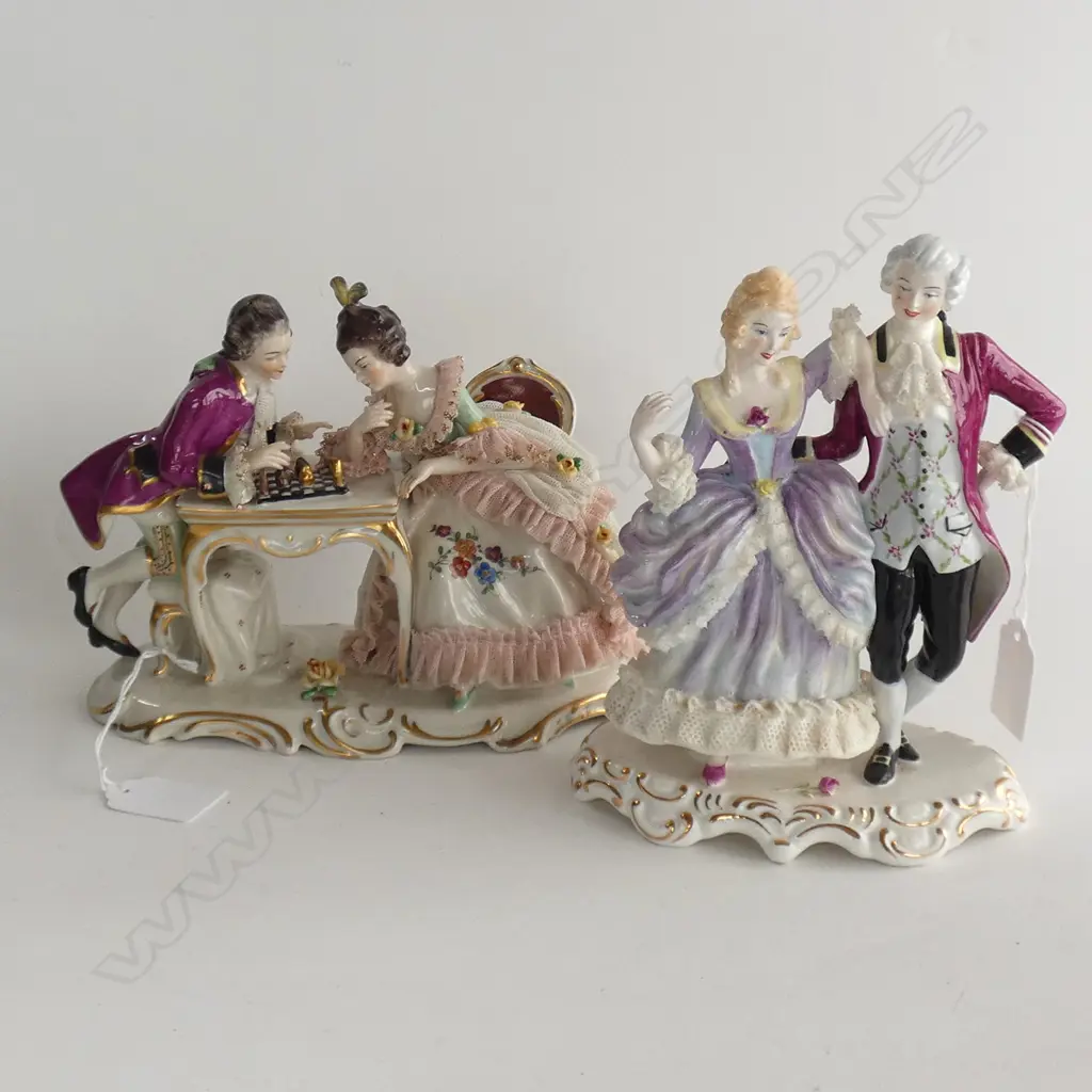 2 DRESDEN FIGURINES; COUPLE PLAYING CHESS & COUPLE DANCING H.170mm Image 1++