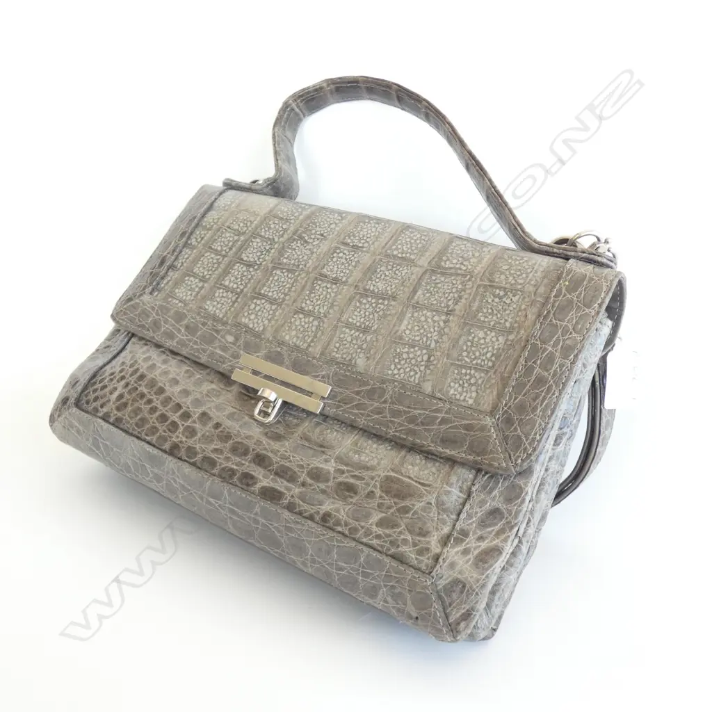 VINTAGE GREY CROCODILE LEATHER HANDBAG w REMOVABLE SHOULDER STRAP Image 1++