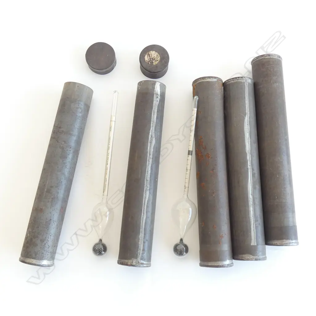 BOX 5 VINTAGE HYDROMETERS IN TIN CANISTERS Image 1++