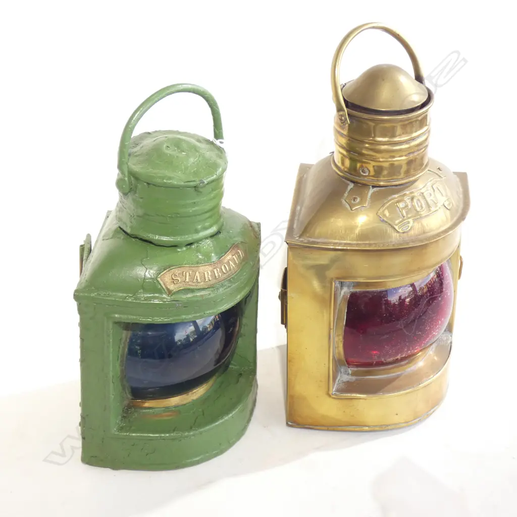 2 SHIPS LANTERNS; BRASS PORT & GREEN PAINTED STARBOARD H.270mm Image 1++