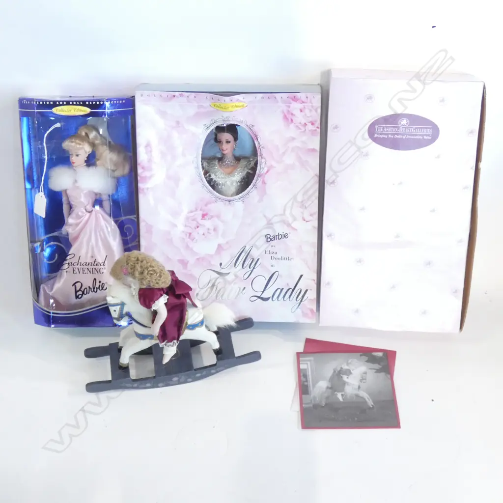 3 DOLLS; 2 BARBIES 'ENCHANTED EVENING' & 'MY FAIR LADY' + ASHTON DRAKE DOLL ON HORSE Image 1++