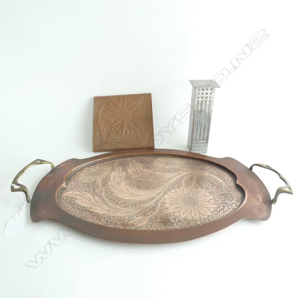 ARTS & CRAFTS COPPER TRAY L.480mm + POT STAND & MACKINTOSH PEWTER VASE Image 1++