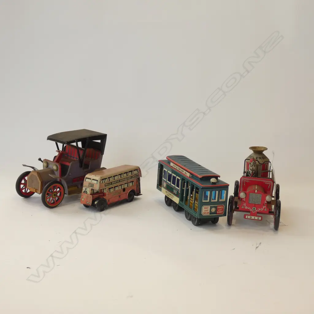 4 TIN PLATE TOYS; FIRE ENGINE, TRAM, BUS, CAR Image 1++