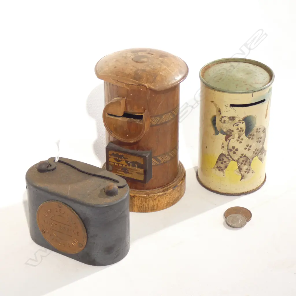 3 VINTAGE MONEY BOXES w. COINS Image 1++