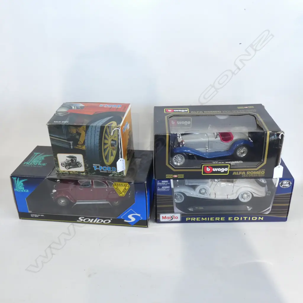 4 BOXED MODEL CARS; MODEL T FORD, CITROEN 2CV, ALFA ROMEO 2300 SPIDER & MERCEDES 500K Image 1++