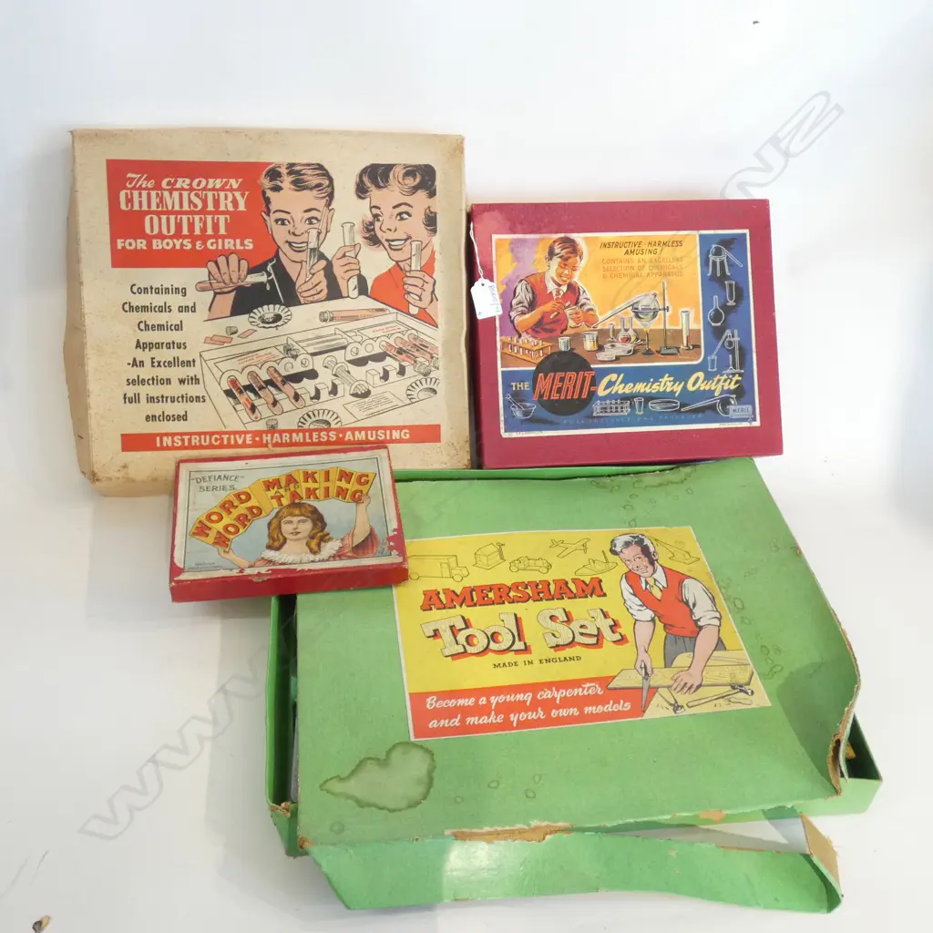 4 VINTAGE GAMES; 2 CHEMISTRY SETS, TOOL SET ETC Image 1++