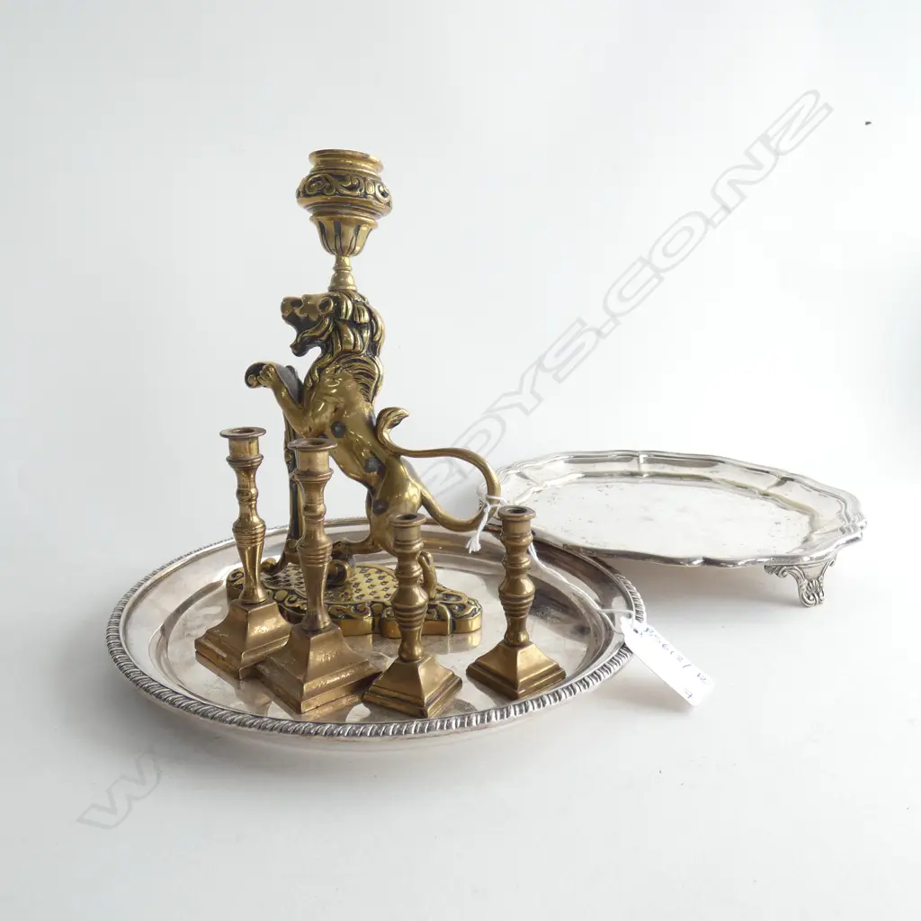 2 EP SALVERS 205mm dia + 4 BRASS CANDLESTICKS Image 1++