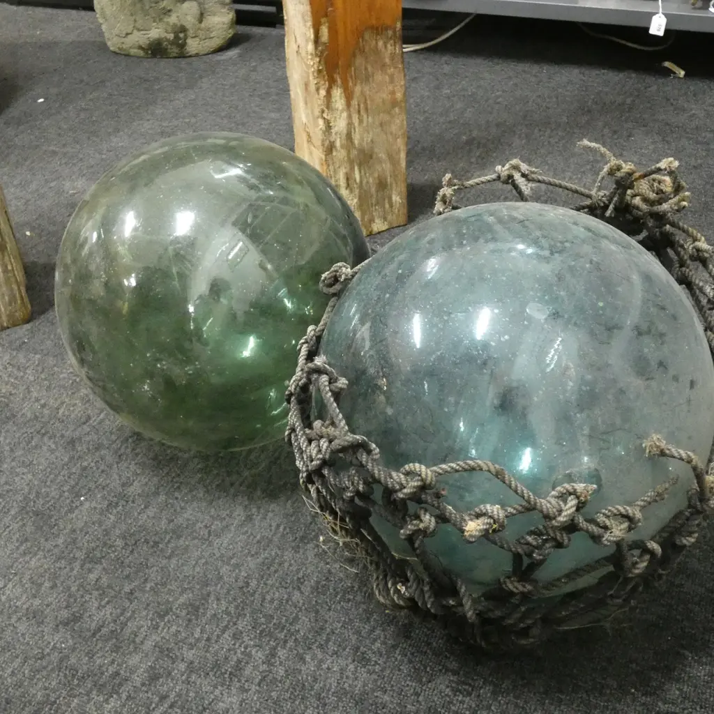 2 OLD HAND BLOWN FISHING FLOATS one w. NETTING TORN 320mm dia Image 1++