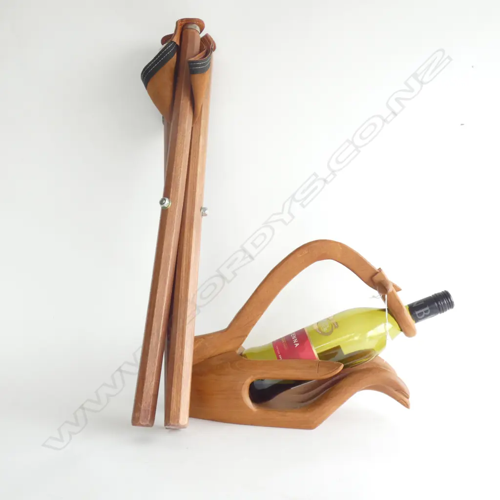 CARVED WOODEN WINE BOTTLE HOLDER & LEATHER & WOODEN TRIANGLE FOLDING STOOL Image 1++
