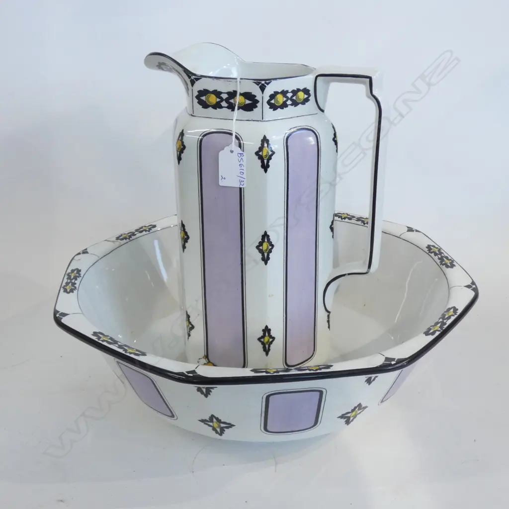 ART DECO BURLEIGH WARE WASH BASIN & JUG LILAC PANELS Image 1++