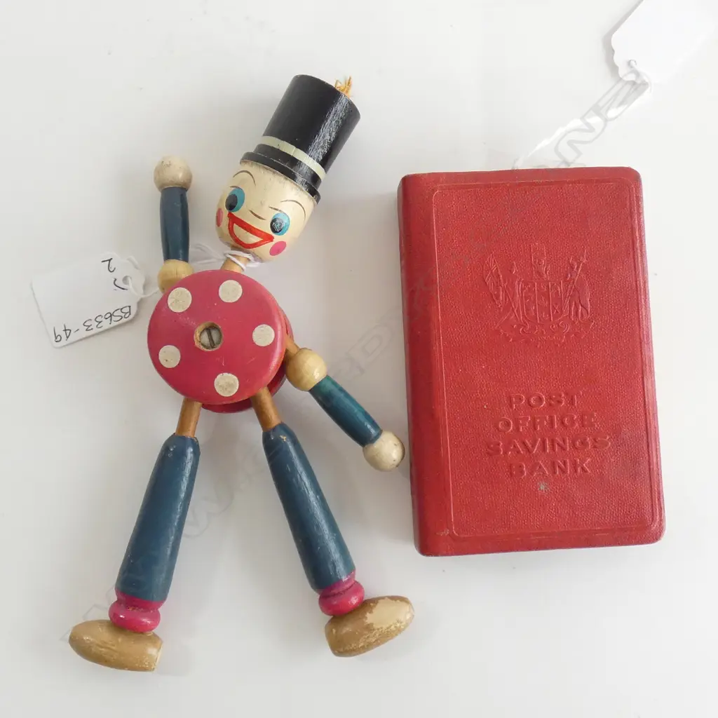 BOOK FORM RED POST OFFICE SAVINGS BANK MONEY BOX & OLD WOODEN TOY (17731) Image 1++