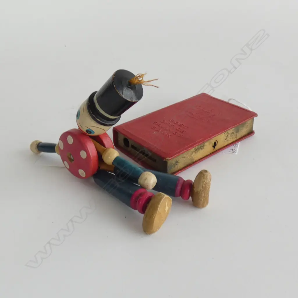 BOOK FORM RED POST OFFICE SAVINGS BANK MONEY BOX & OLD WOODEN TOY (17731) Image 1++