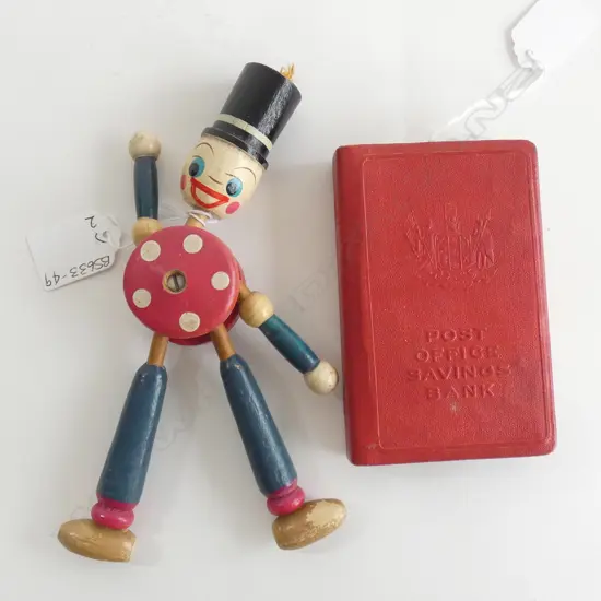 BOOK FORM RED POST OFFICE SAVINGS BANK MONEY BOX & OLD WOODEN TOY (17731)