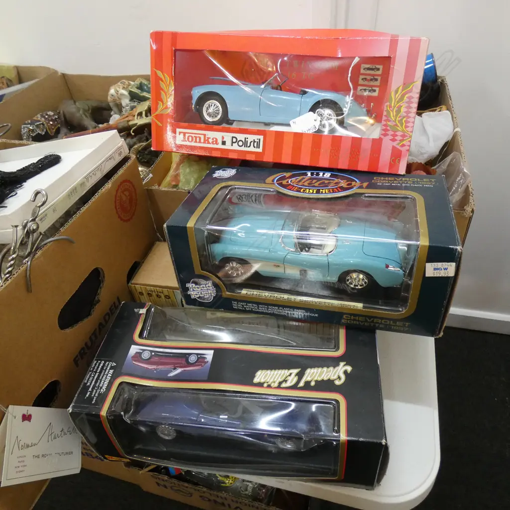 4 BOXED MODEL TOYS; HOOTING LOCOMOTIVE + 3 CARS; CHEV, TONKA, MAISTO Image 1++