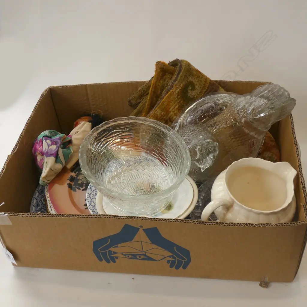BOX LOT PLATES, CLEAR GLASS CHICKEN ETC Image 1++