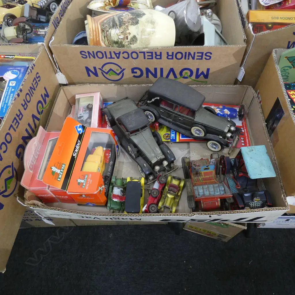 BOX LOT ASST. TIN PLATE CARS, LESNEY ETC Image 1++