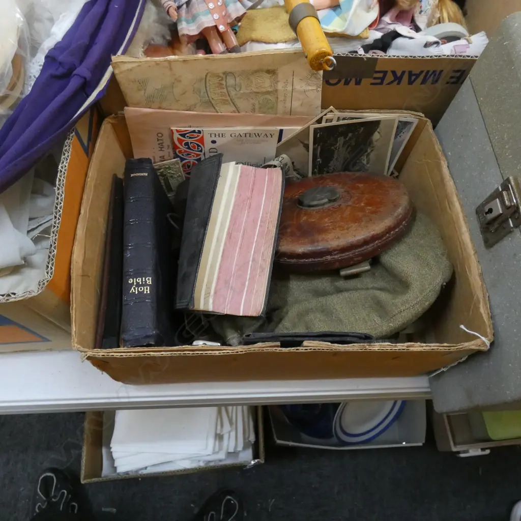 BOX LOT TAPE MEASURE, BIBLES, WWII ERA ITEMS ETC Image 1++