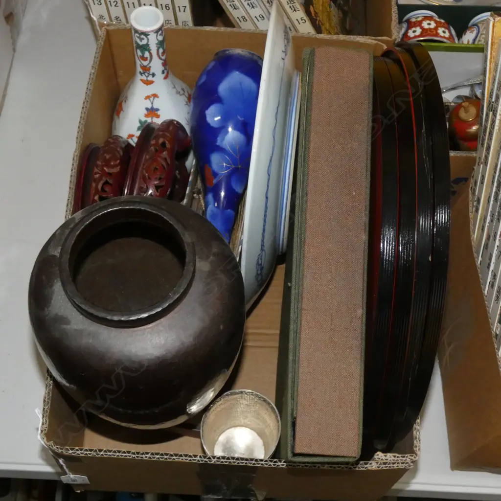 BOX LOT JAPANESE WOOD BLOCK PRINTS, ASST. CERAMICS ETC Image 1++